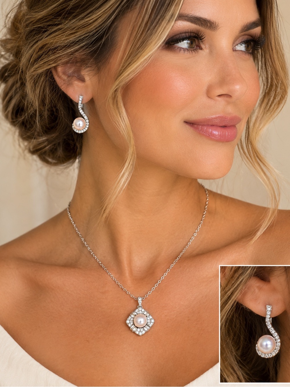 Genuine Freshwater Metallic Pearls 925 Sterling Silver CZ Necklace & Earring Set